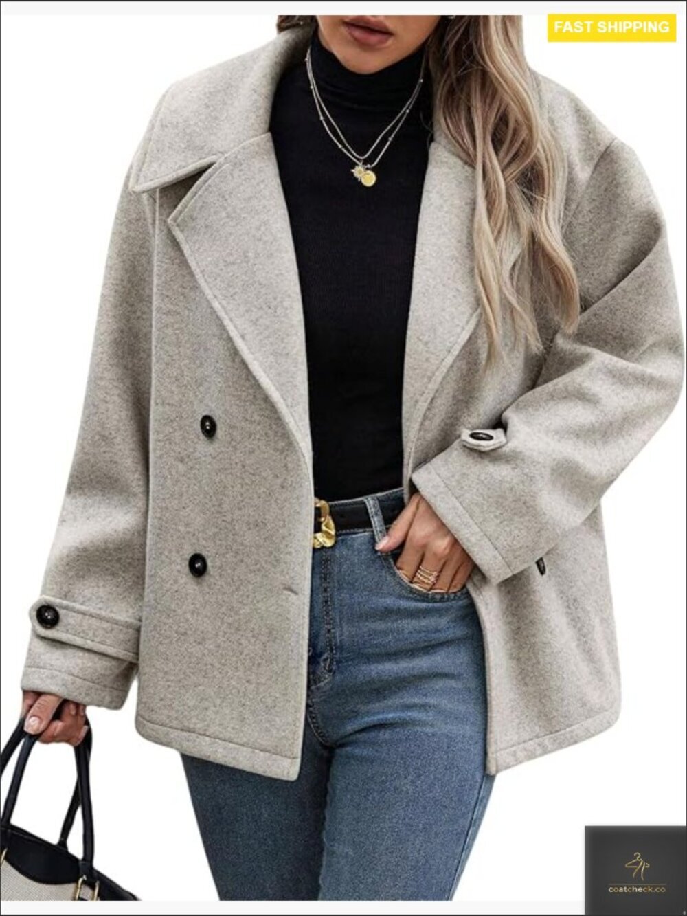 Wool Blend Pea Coat Double Breasted Cropped Notch Lapel Chic Winter Jacket